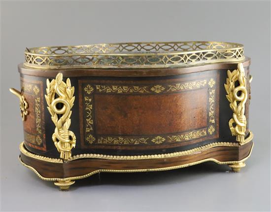 A 19th century French ormolu mounted brass inset specimen wood jardiniere, 16.5in. height 8.25in.